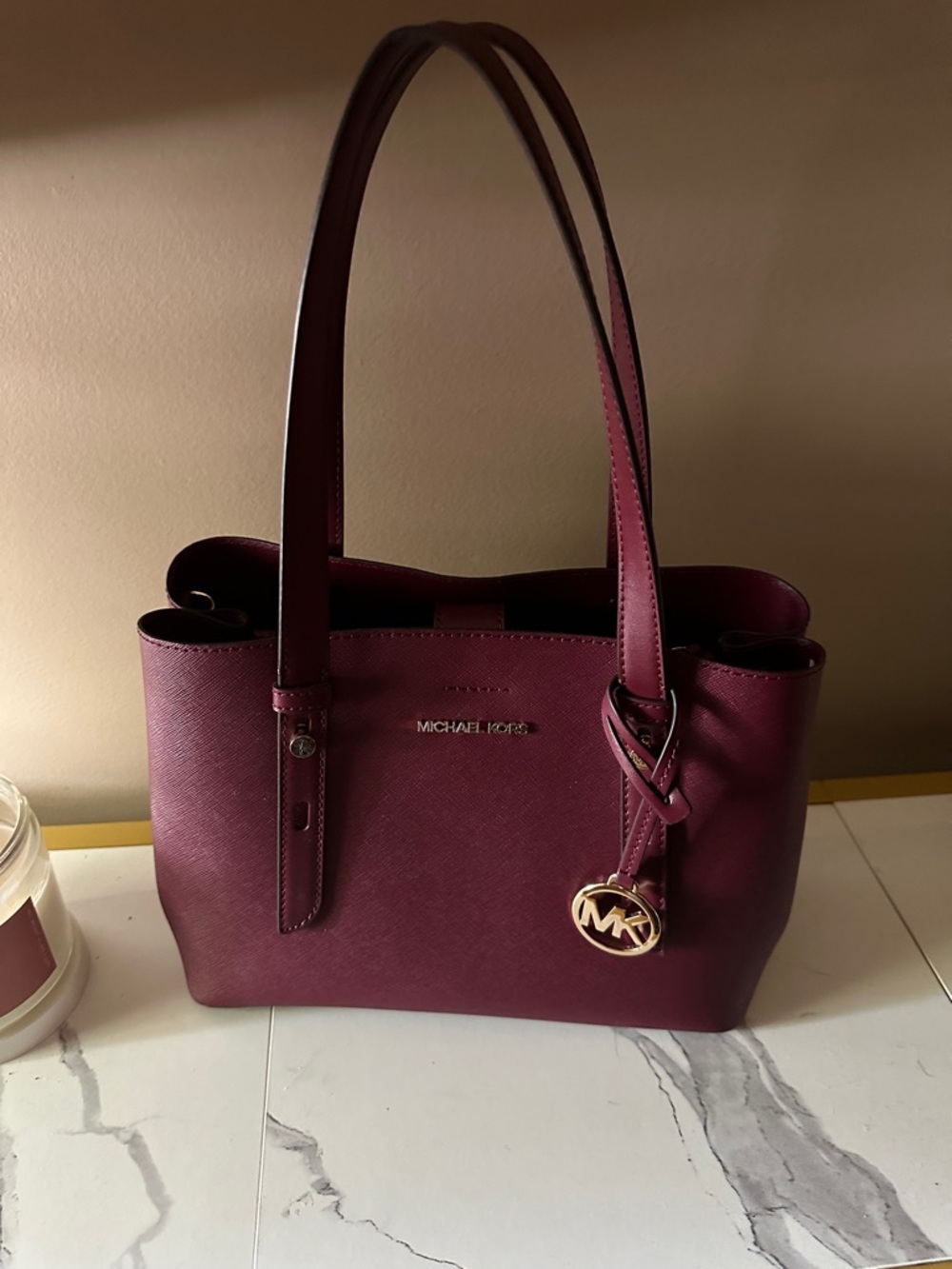 Michael Kors Wine Saffiano Leather Purse with Gold Hardware
